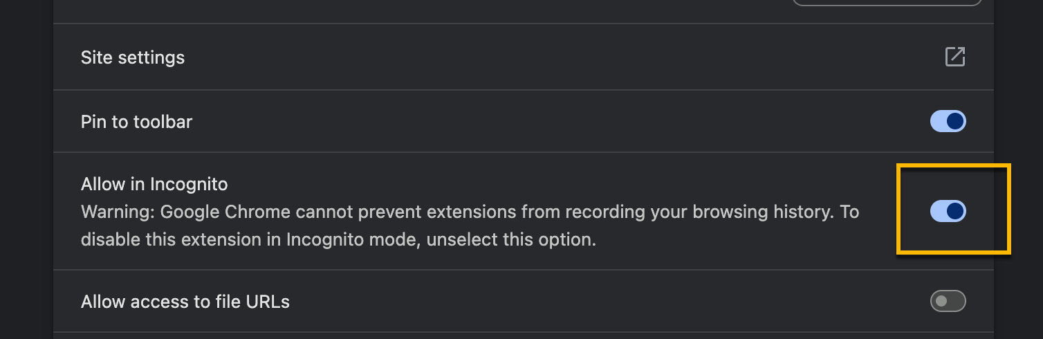 Chrome extension settings with Vidyard extension set to allow in incognito