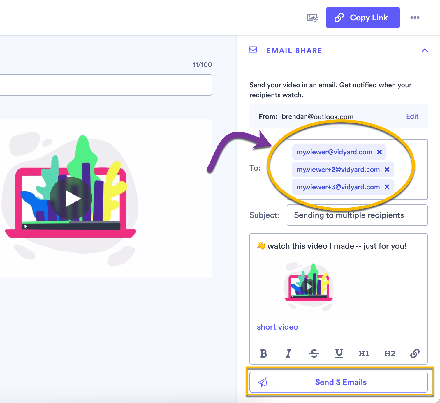 Using the Email Share option in Vidyard to send a video to multiple recipients from either your Gmail or Outlook account