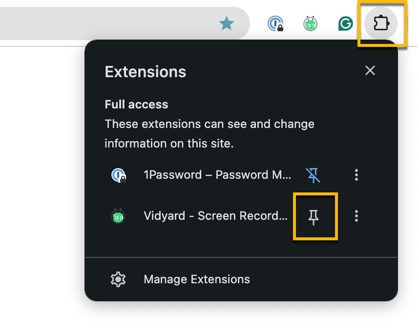 In Chrome, pinning the Vidyard icon to your browser's toolbar