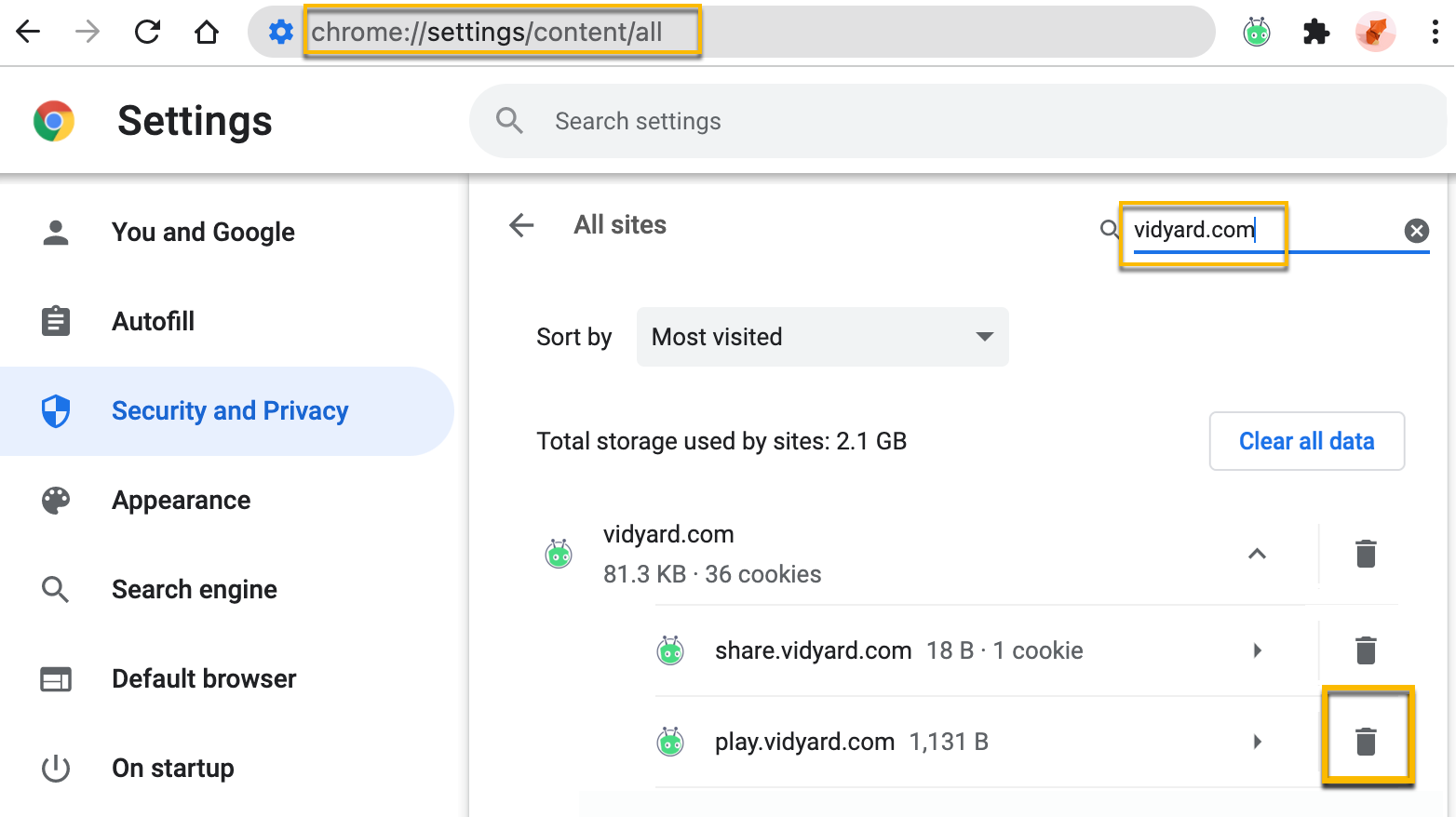 Chrome settings page searched to filter for Vidyard and showing deletable cookie