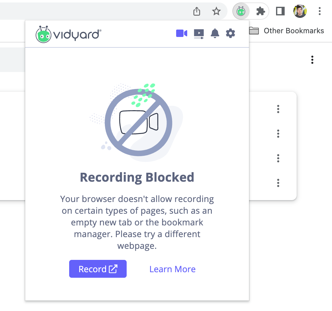 Message in the Vidyard extension indicating that recording is blocked on application-based pages in browsers