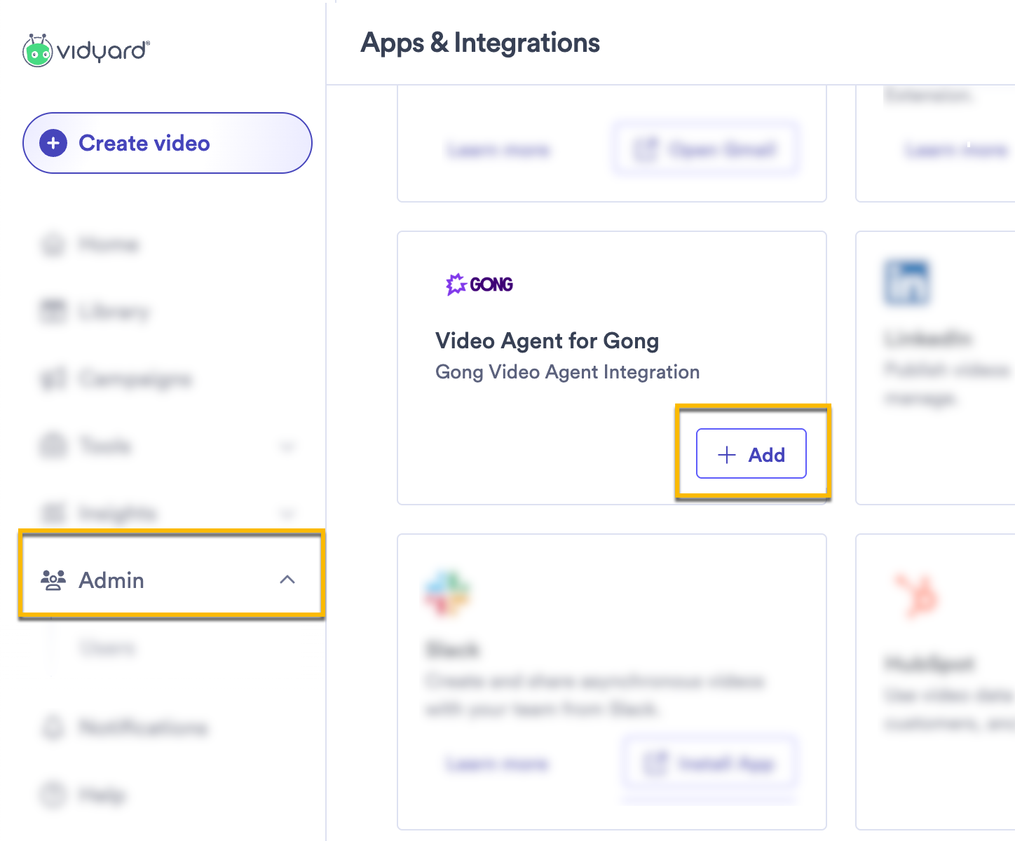 Vidyard integrations page with option to add Gong Video Agent highlighted