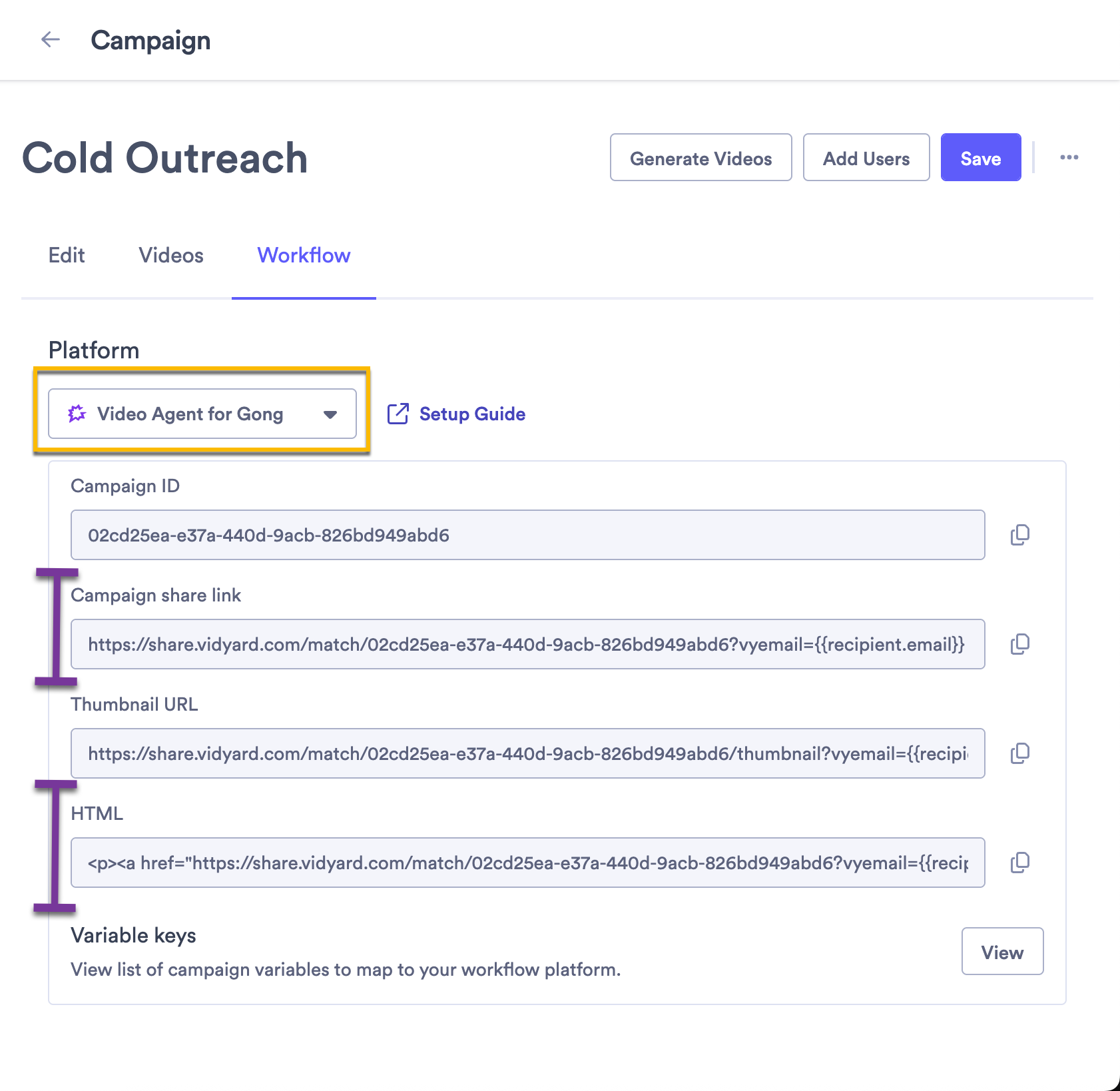 Vidyard campaign workflow page showing Gong information to connect Gong flows to Vidyard campaign.