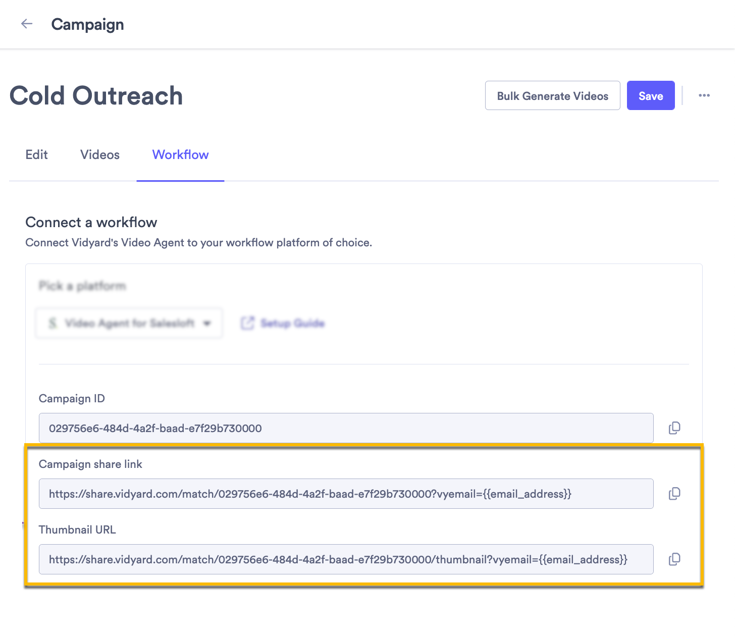 Campaign workflow tab with share link and thumbnail URL fields highlighted