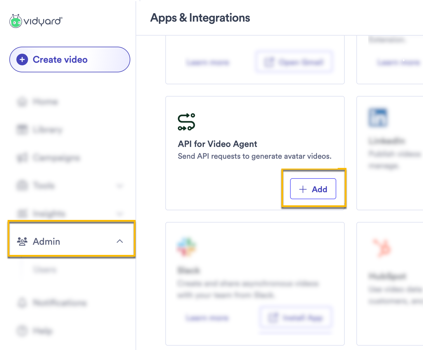 Vidyard integrations page with button to add API for Video Agent integration highlighted