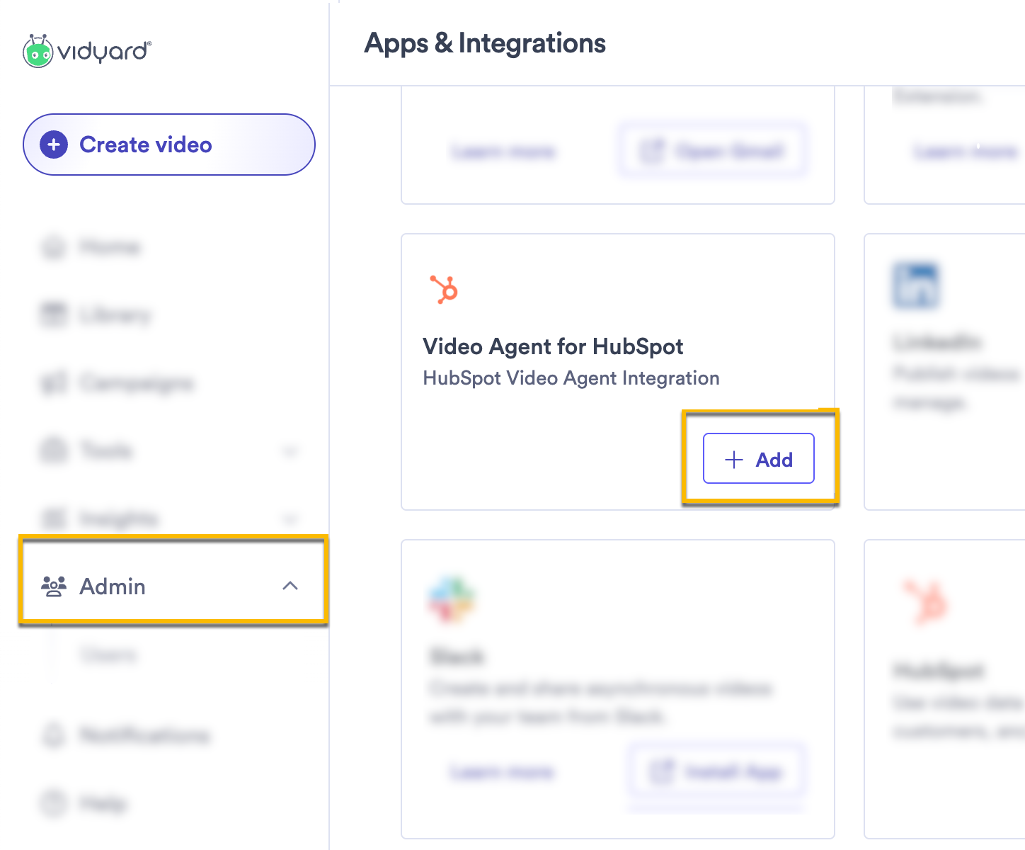 Vidyard integrations page with Video Agent for HubSpot integration and add button highlighted