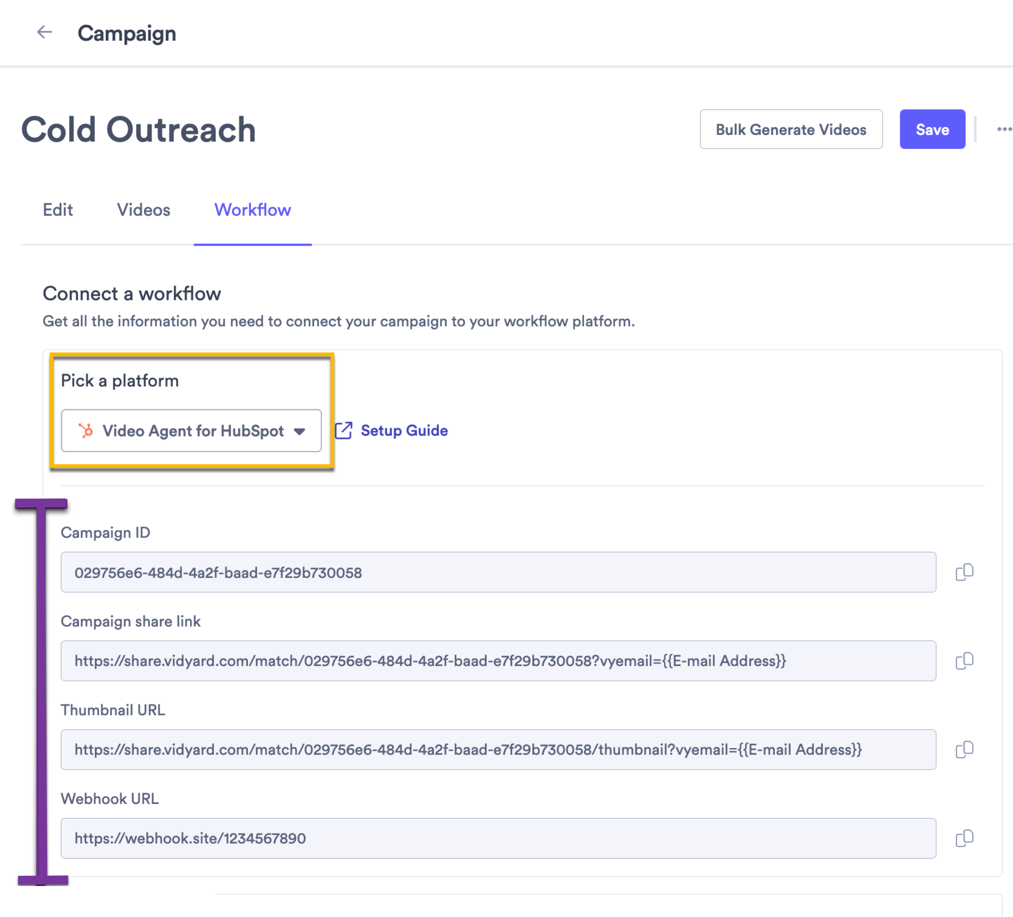Vidyard campaign workflow with Video Agent for HubSpot selected from platform dropdown and important values highlighted