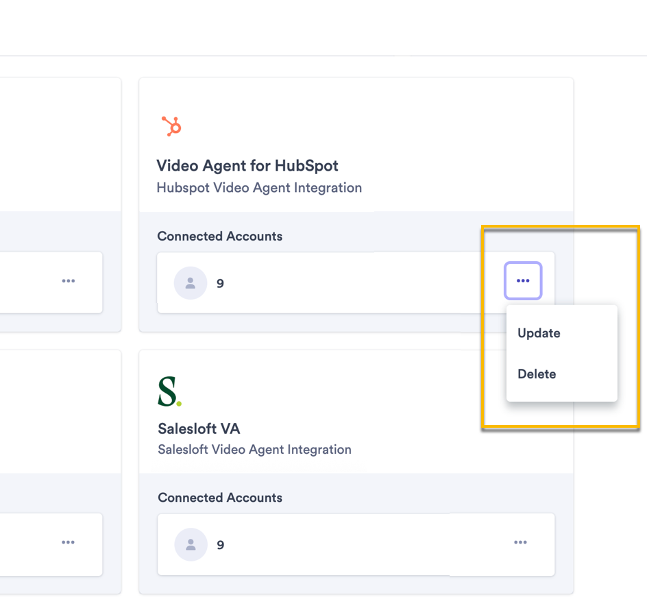 Vidyard integrations page with Video Agent for HubSpot integration menu open and update and delete highlighted
