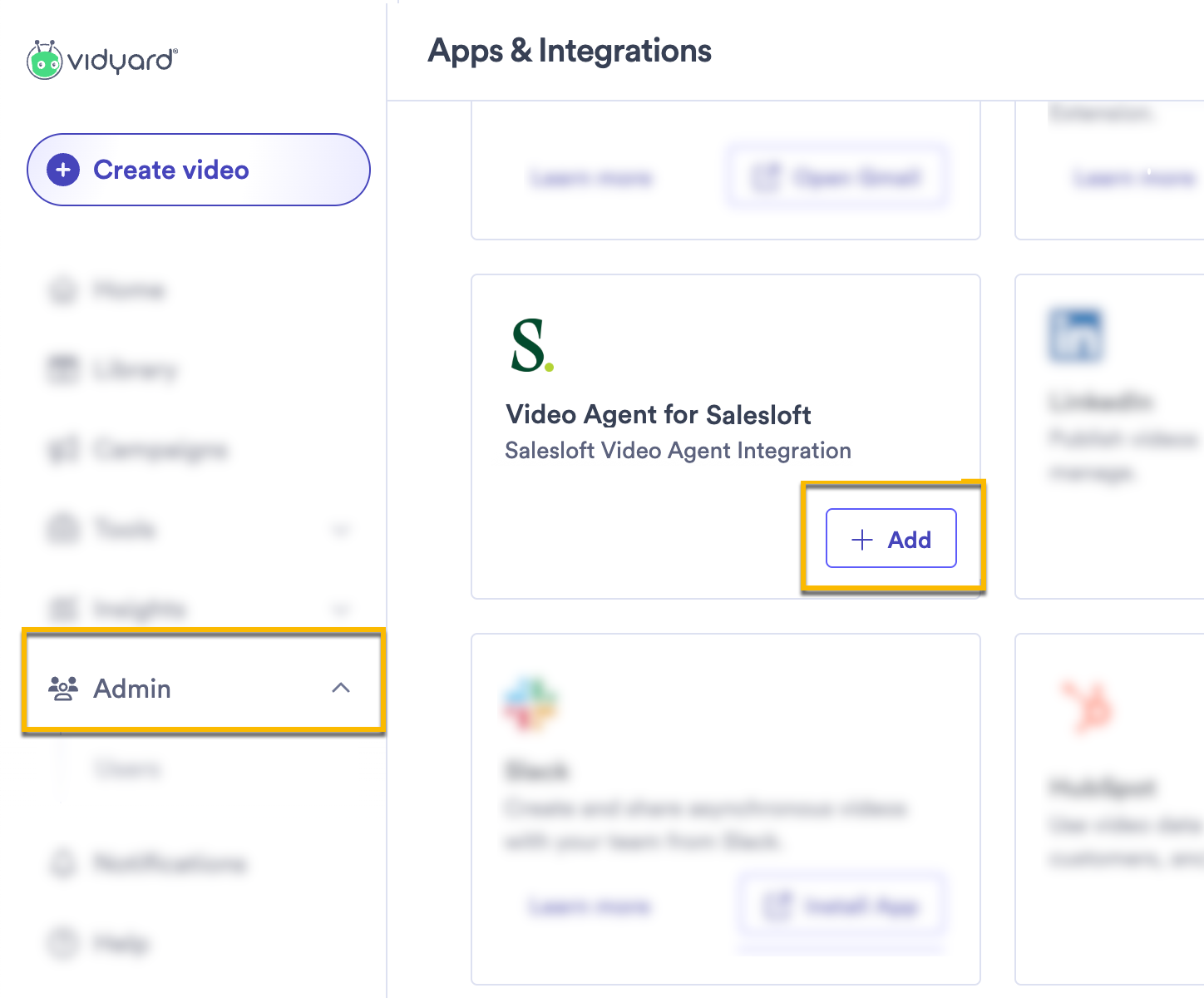 Vidyard integrations page with button to add Video Agent for Salesloft highlighted