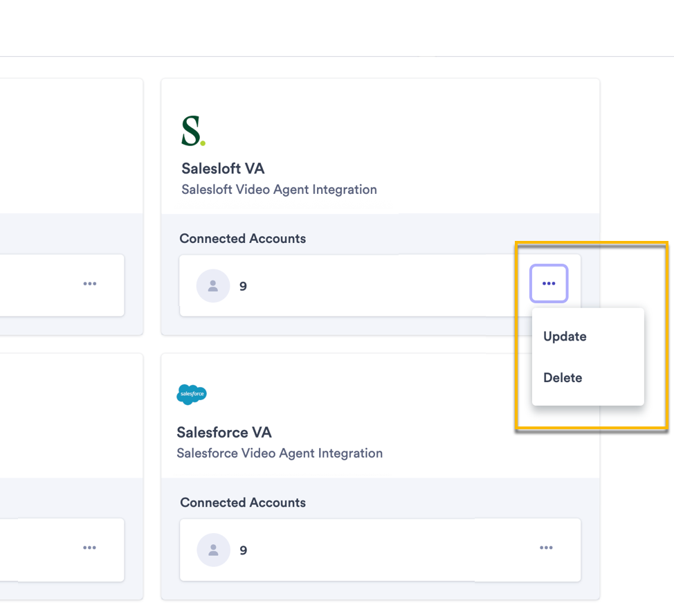 Vidyard integrations page with Video Agent for Salesloft integration menu open and update and delete highlighted