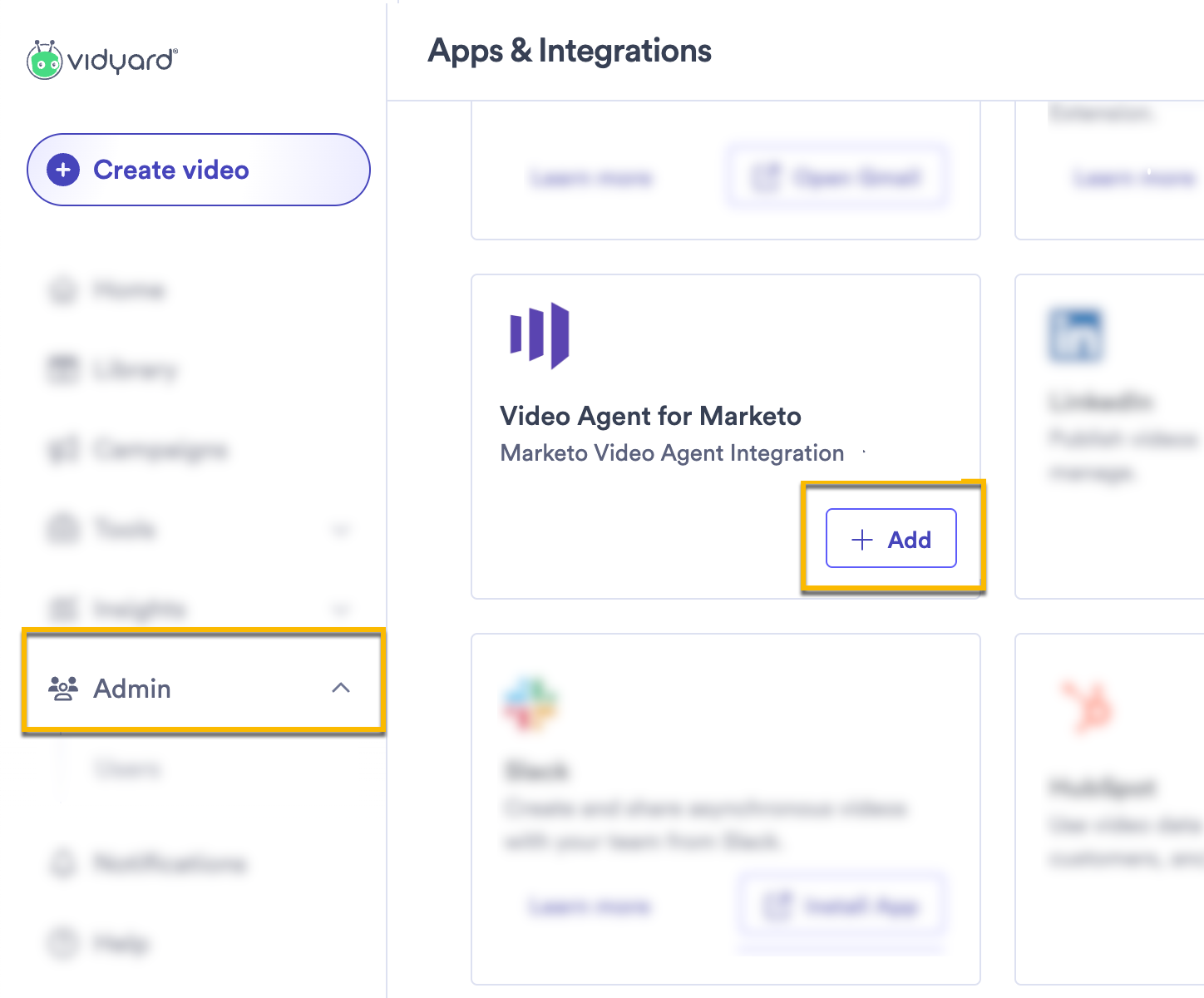 Vidyard integrations page with button to add Video Agent for Marketo highlighted