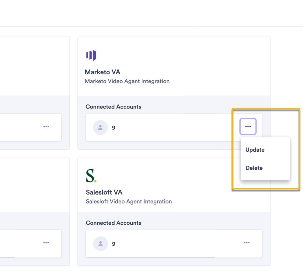 Vidyard integrations page with Marketo VA integration menu open and update and delete highlighted