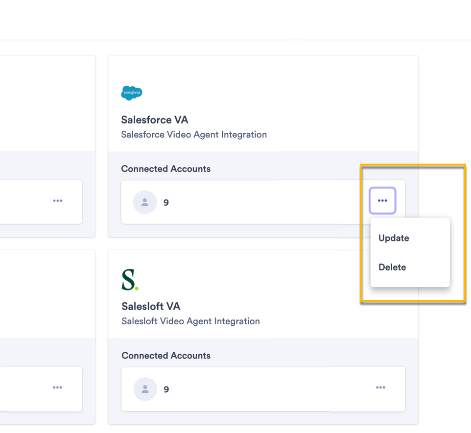 Vidyard integrations page with Salesforce VA integration menu open and update and delete highlighted