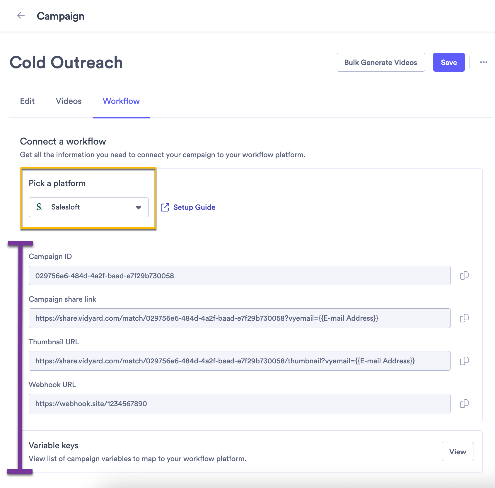 Vidyard campaign workflow with Salesloft selected from platform dropdown and important values highlighted