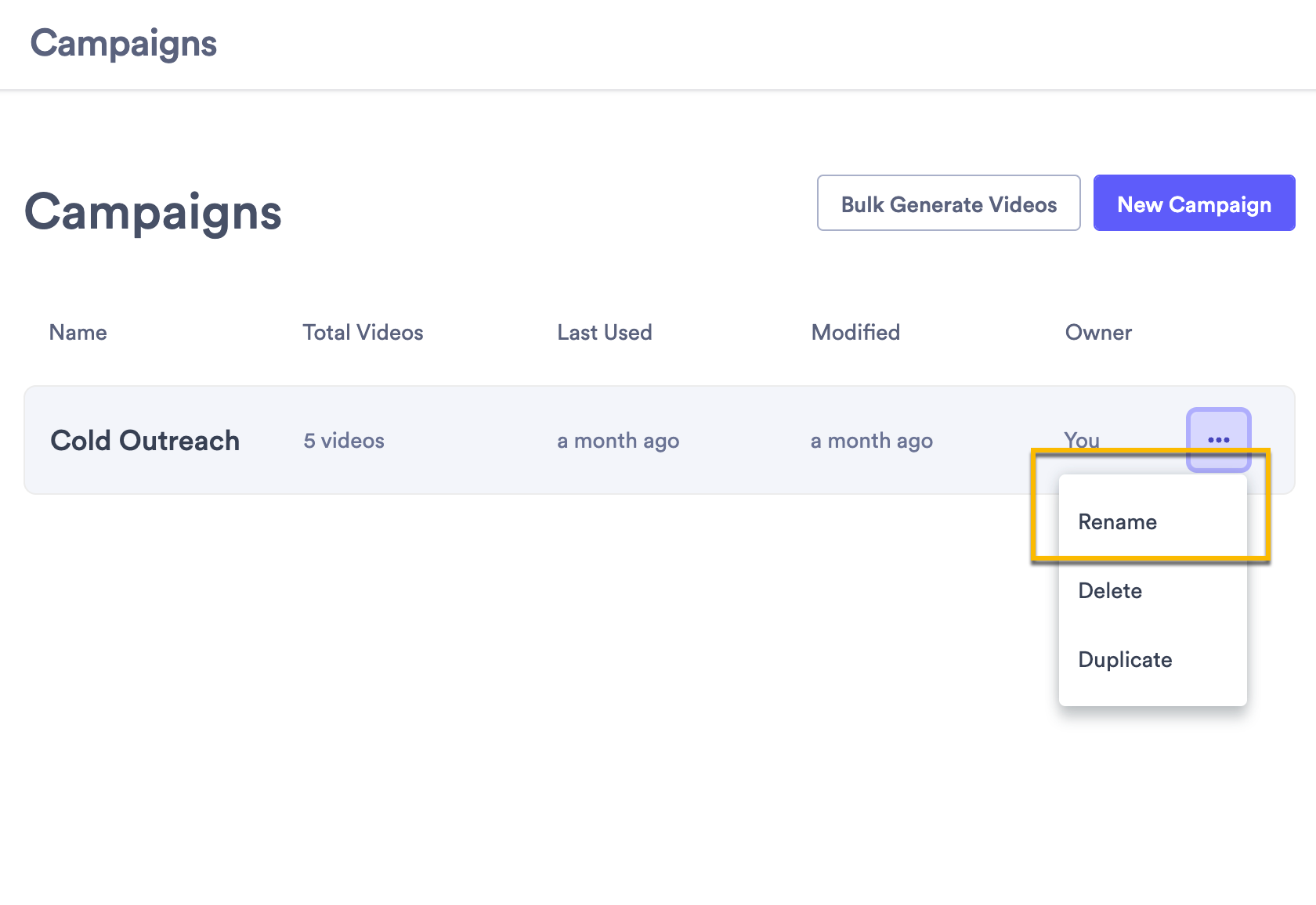 Campaign highlighted in a list with menu open and rename option highlighted