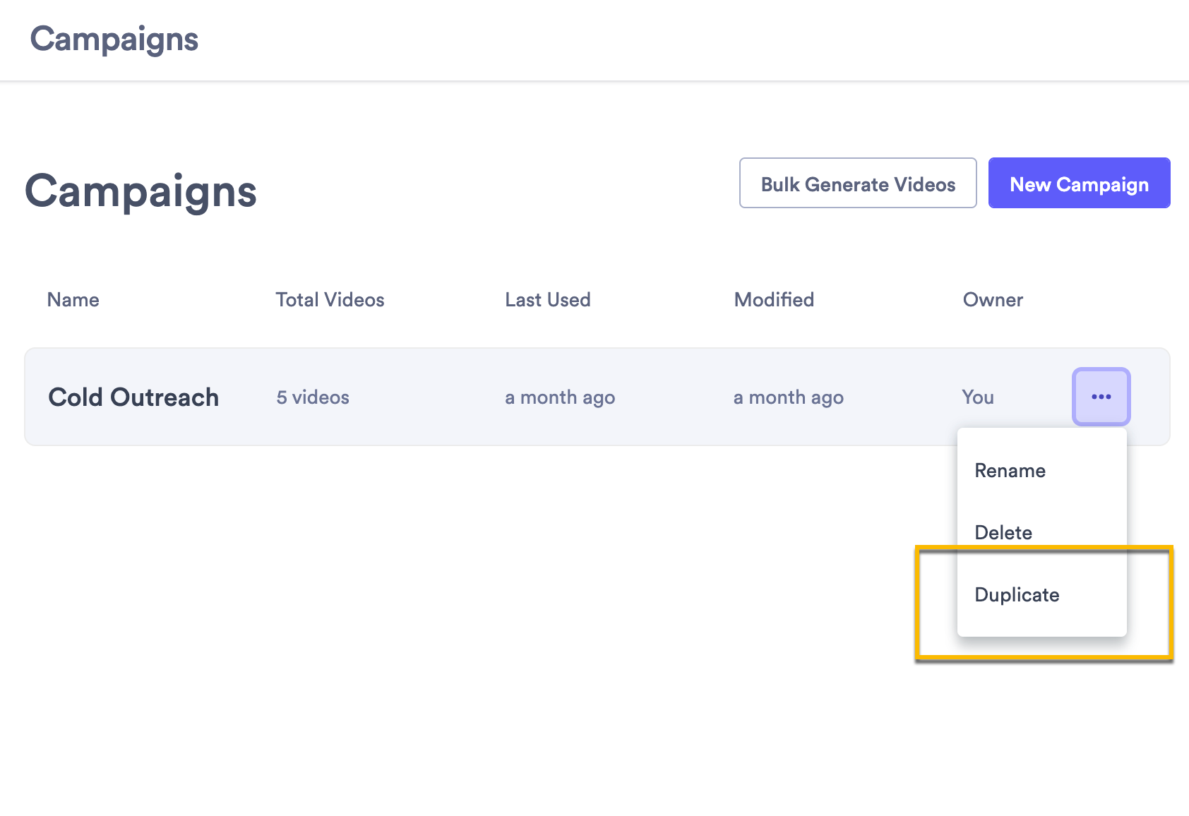 Campaign highlighted in a list with menu open and duplicate option highlighted