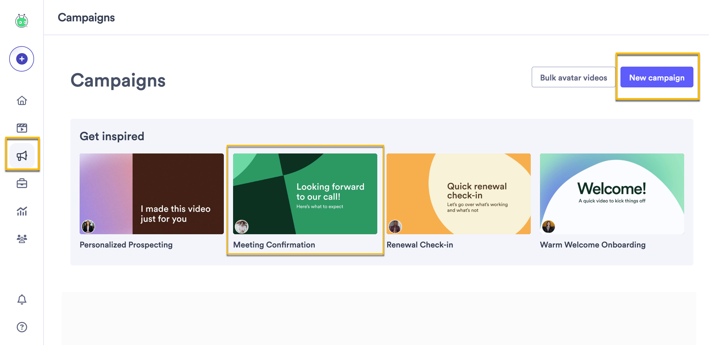 Campaign page with new campaign button highlighted and list of available example campaign options