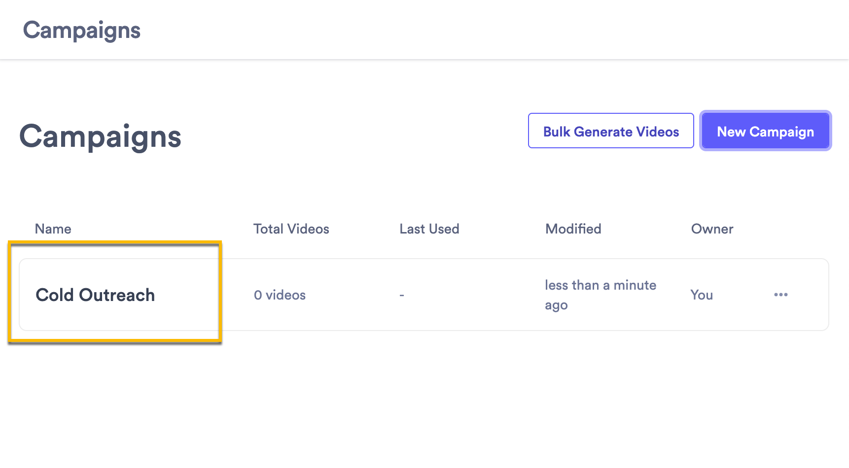 List of Campaigns in Vidyard, with one campaign highlighted