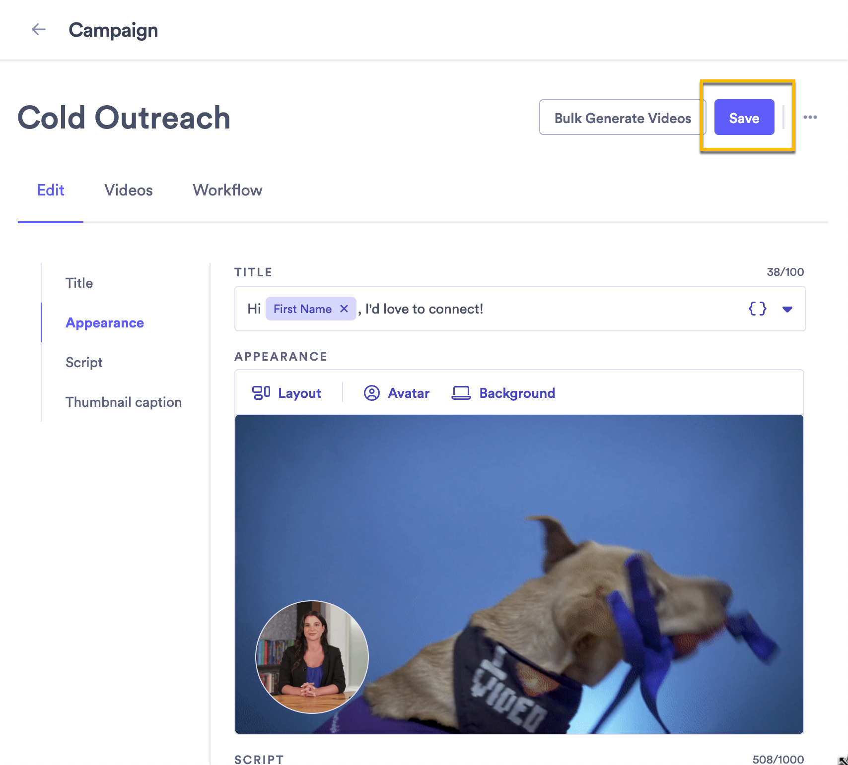 Campaign full page example with save button highlighted at the top of the page