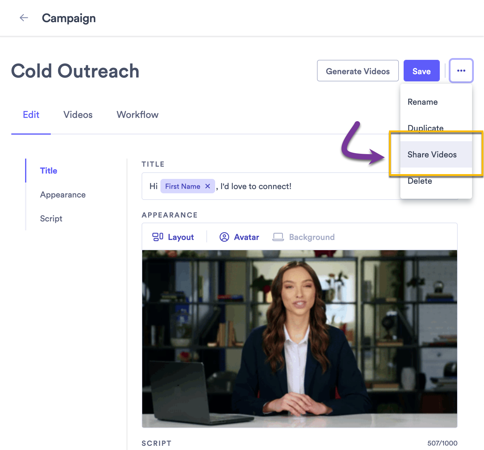 Campaign menu open on the campaign edit page with option to share videos selected