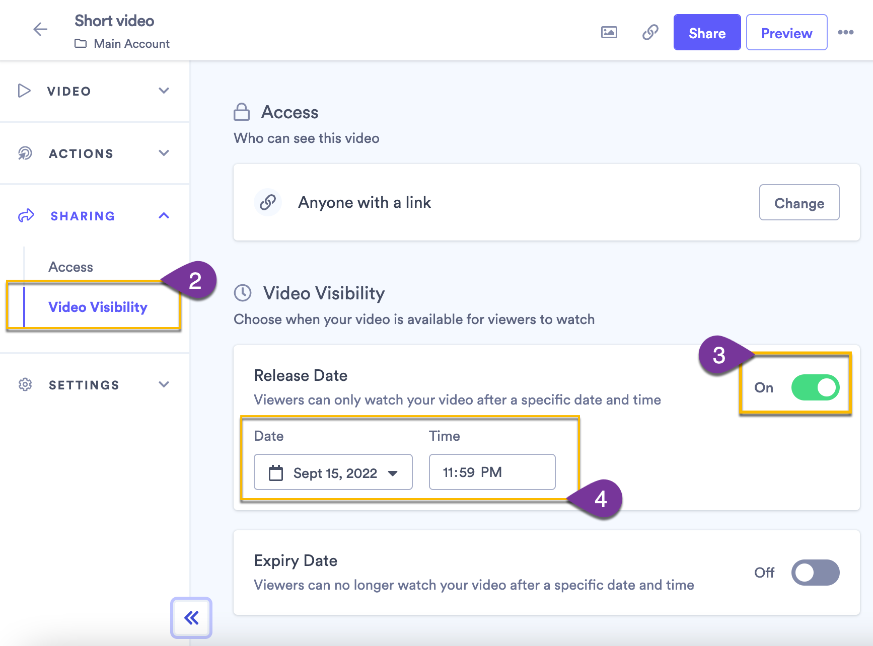Release and expiry options in a video's visibility settings