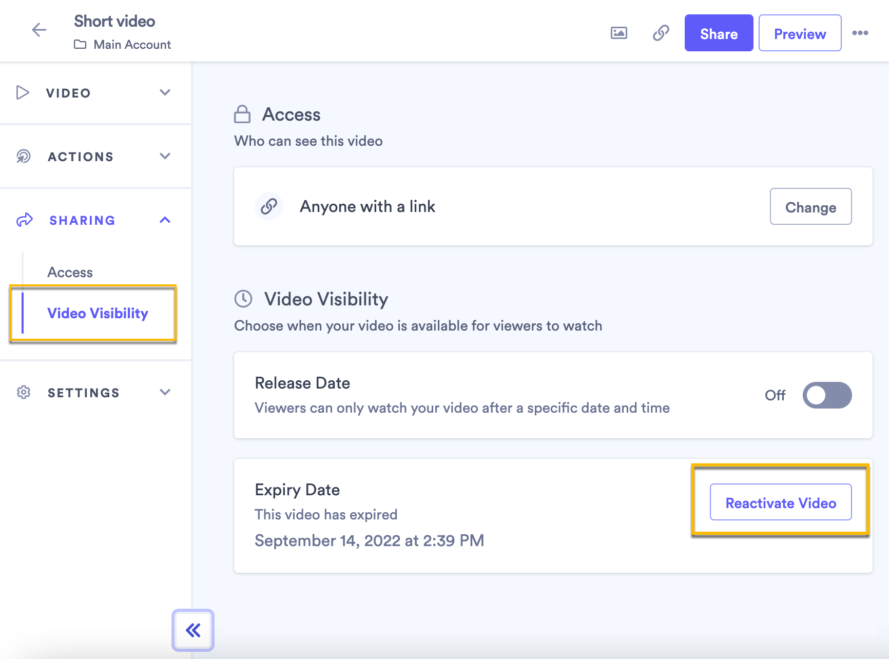 Reactivate an expired video in the video's visibility settings