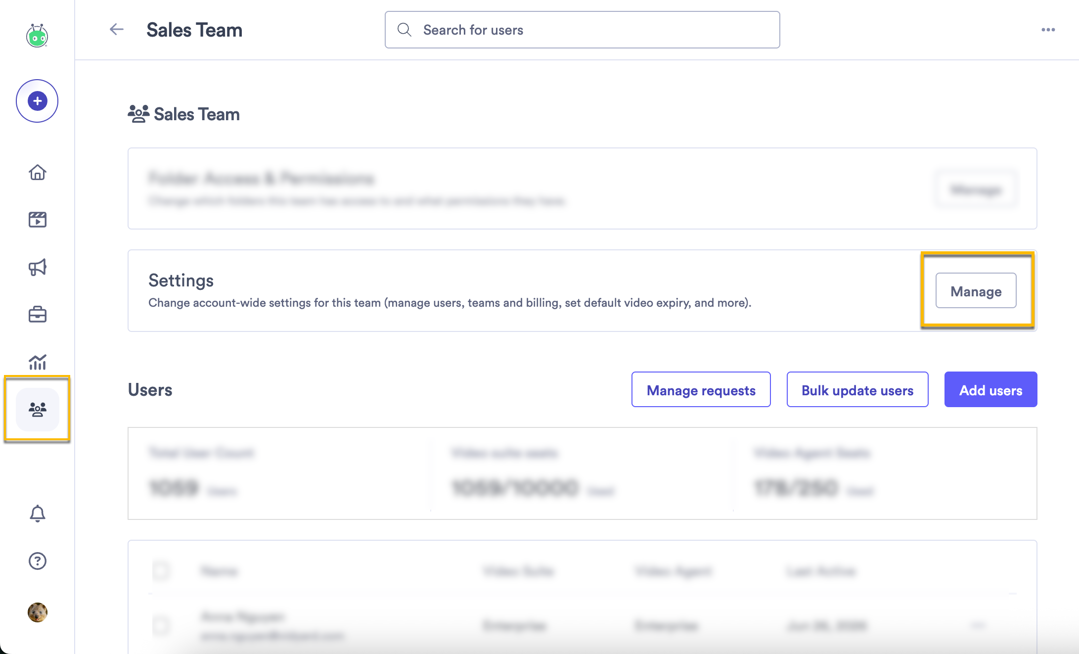 Vidyard Team page with manage settings button selected