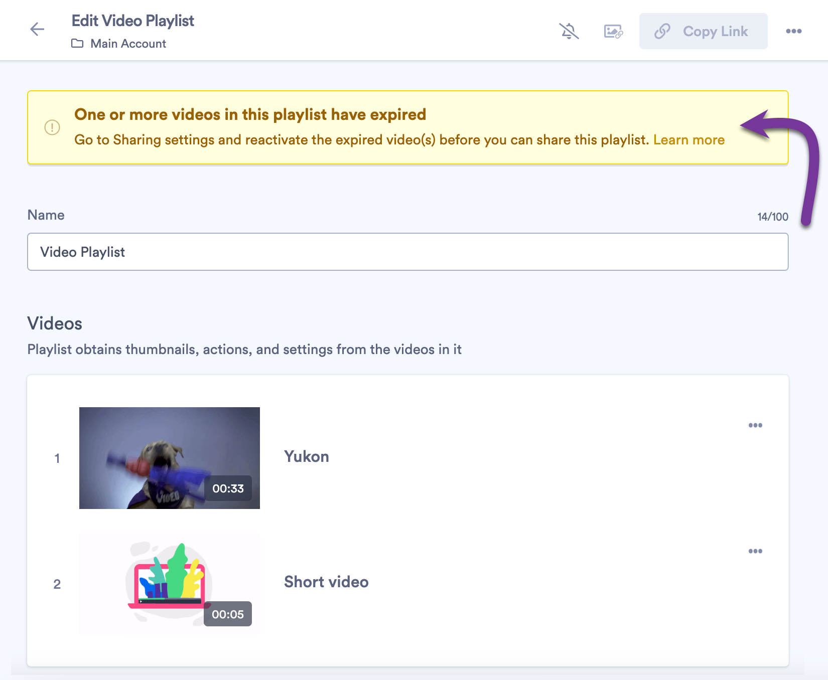 Banner on playlist page showing that one or more videos are expired