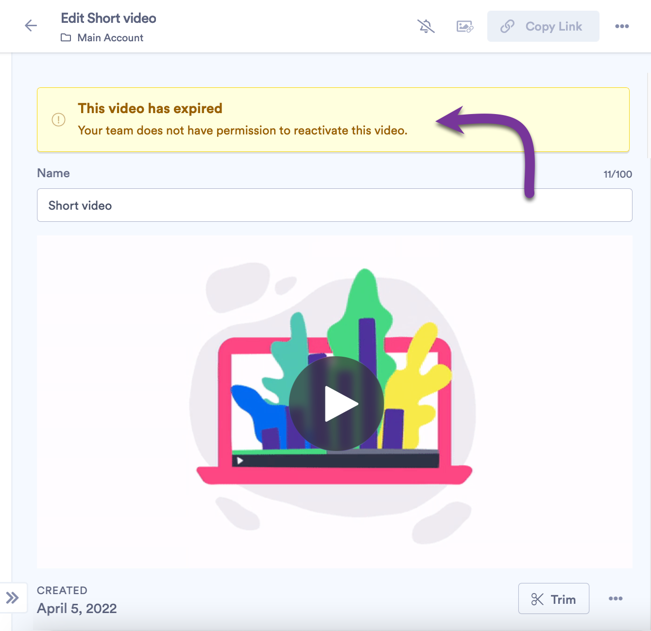 Banner on an expired video's edit page showing user does not have permissions to reactivate