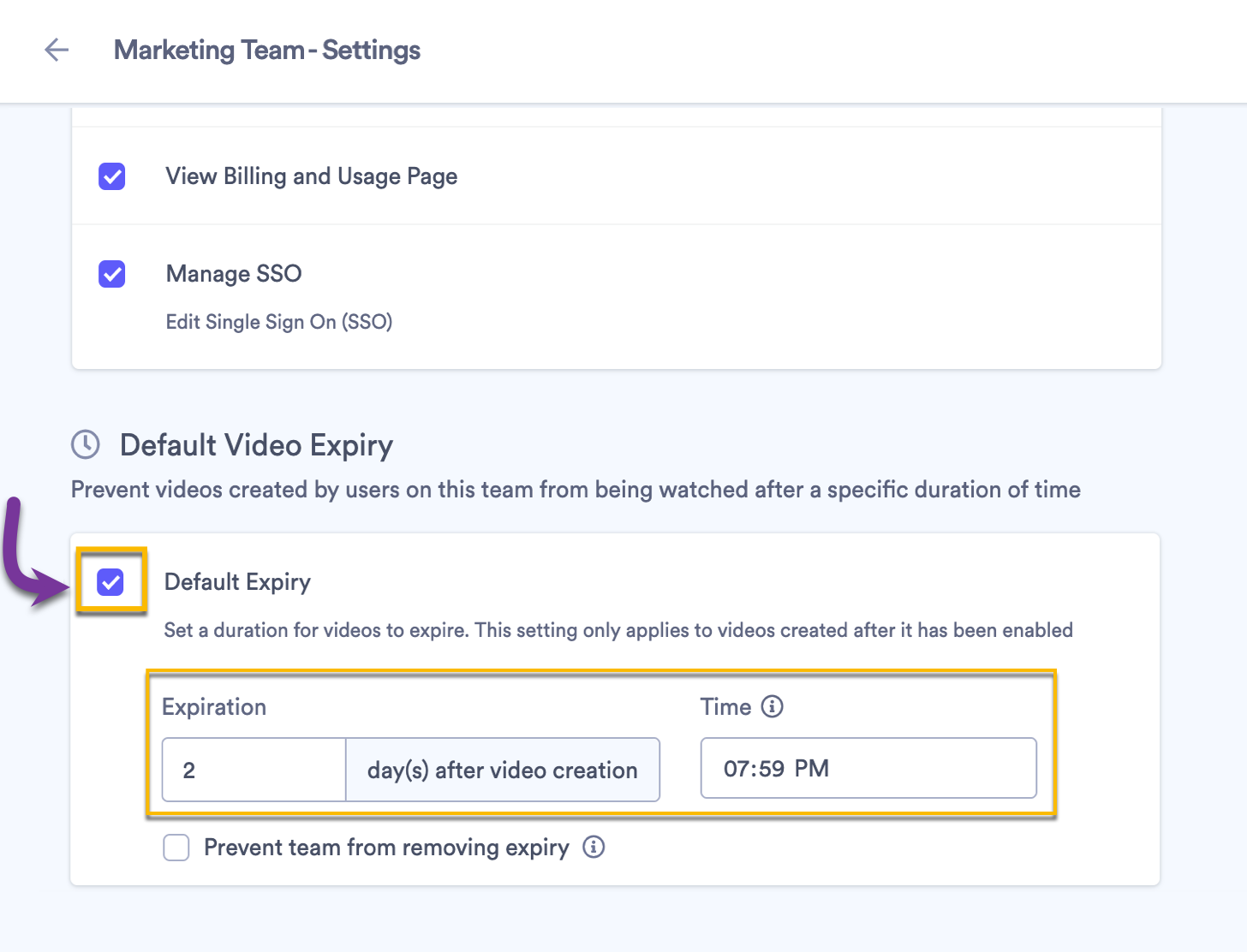 Selecting a default expiry time on a Team's settings page
