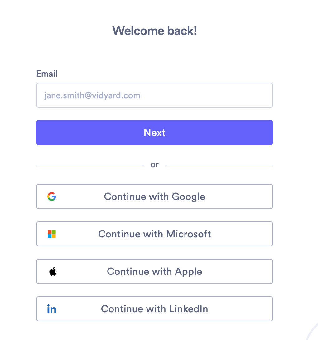 Vidyard's sign-in page with option to enter your email or use a third-party account like Google, Apple, LinkedIn or Microsoft