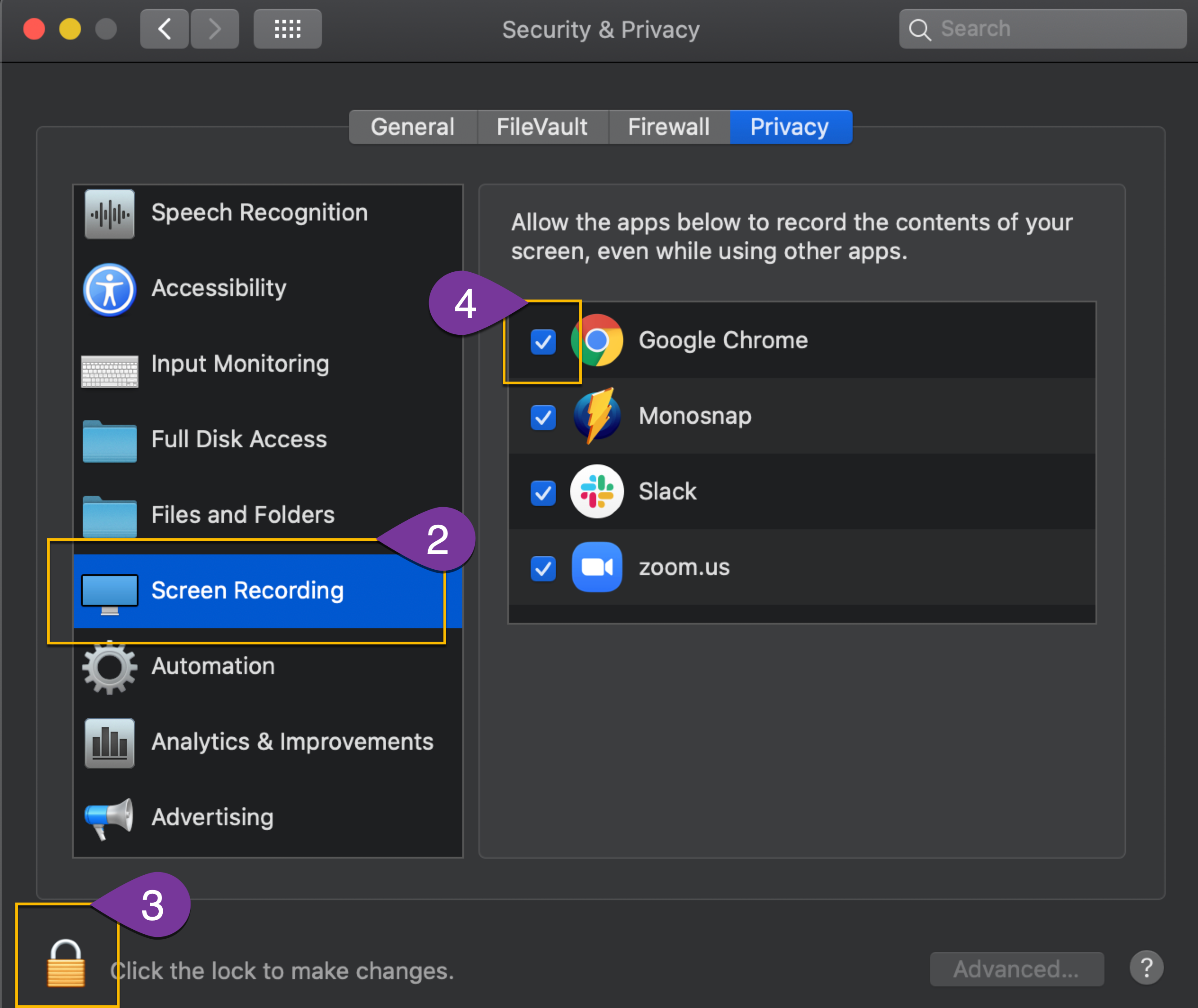 Screen recording security and privacy settings on Catalina