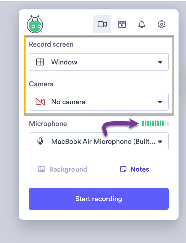 Vidyard browser extension open with recording options selected and mic test showing sound