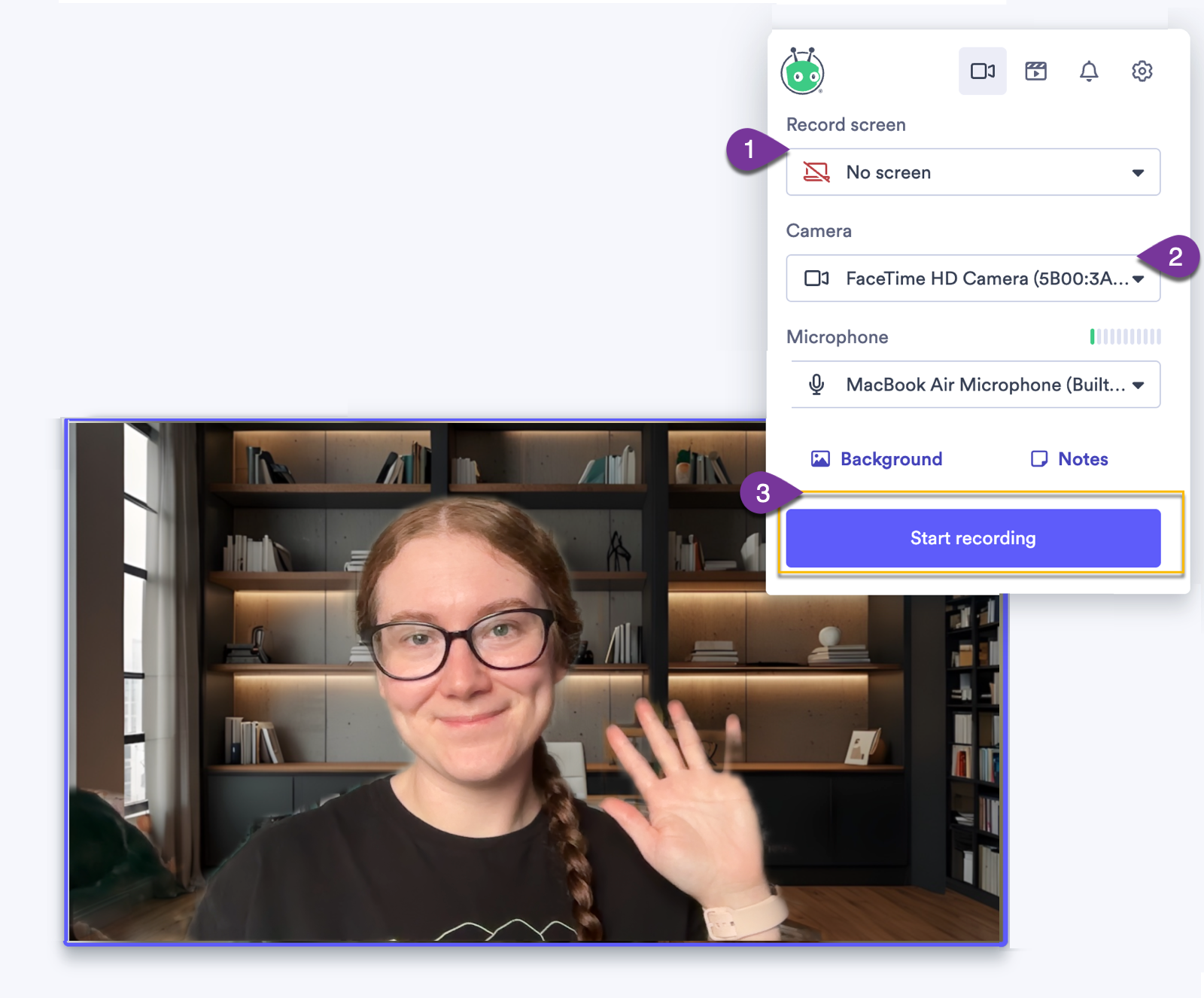 Vidyard browser extension camera recording showing full camera input on screen