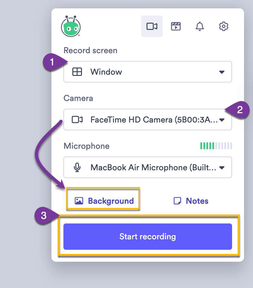 Vidyard extension open with options for screen recording selected and start recording button highlighted