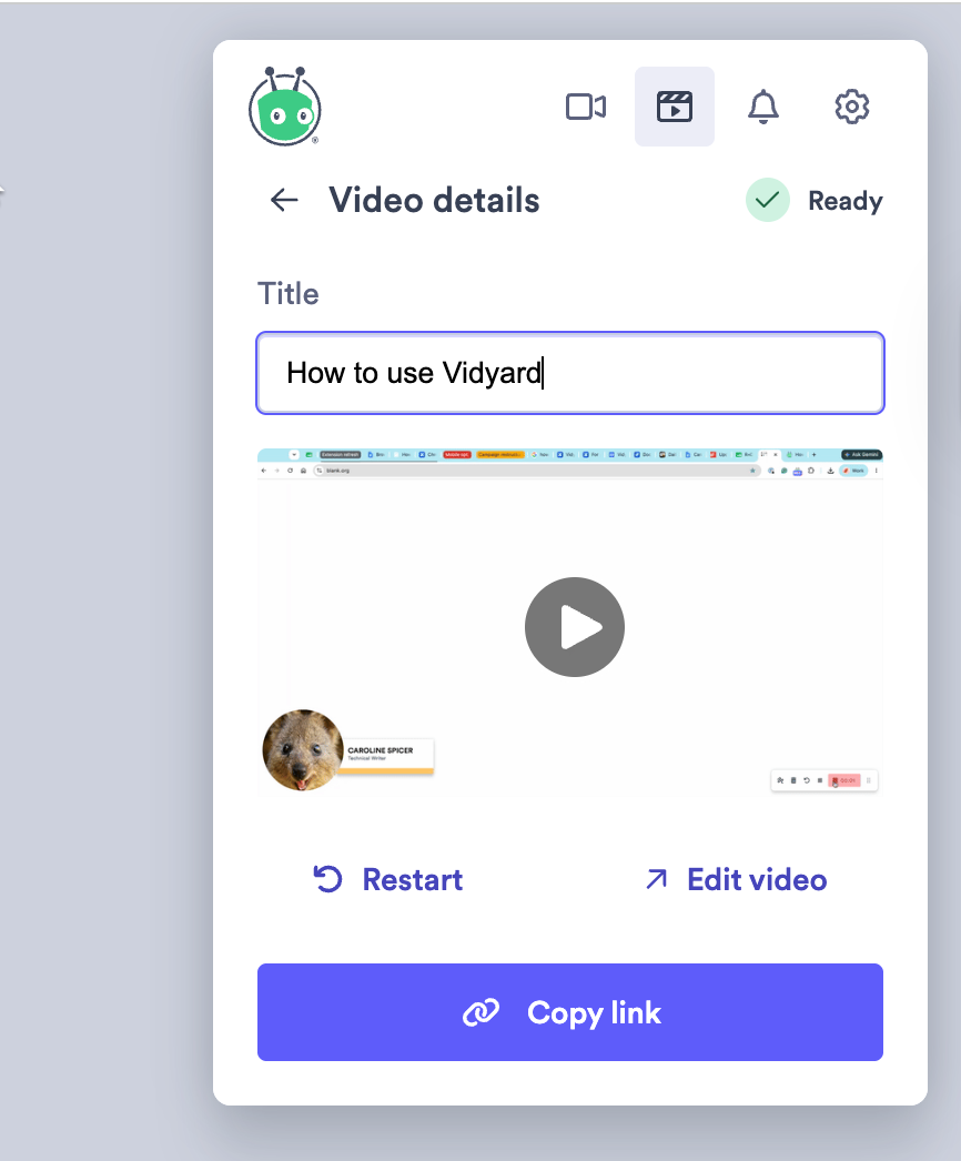 Vidyard extension post-recording modal showing automatic title and options to change video elements