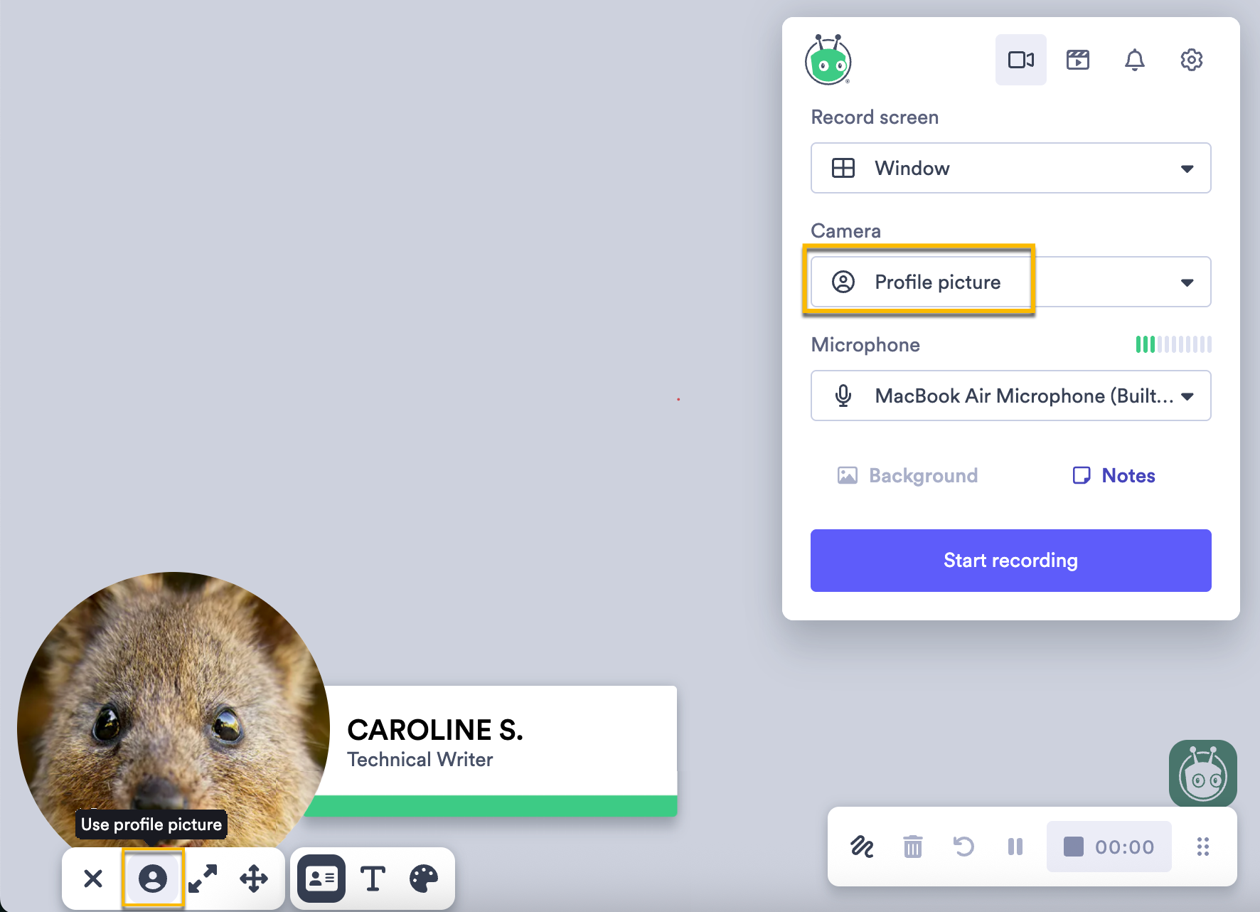 Vidyard browser extension open with option to use profile picture selected from menu