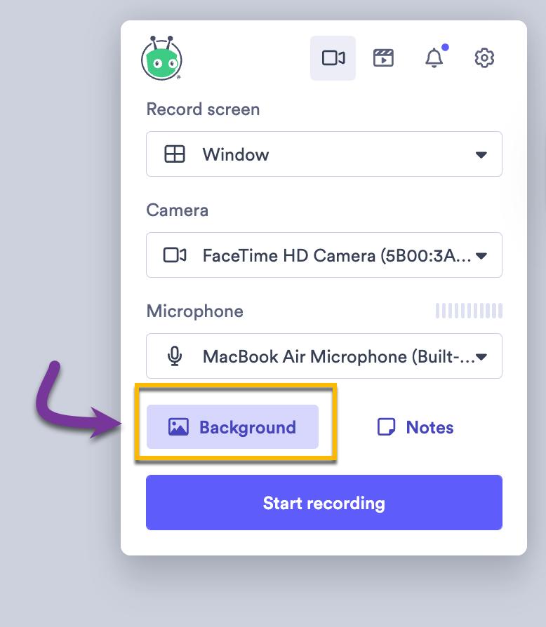 Vidyard Chrome extension open with background selection option highlighted