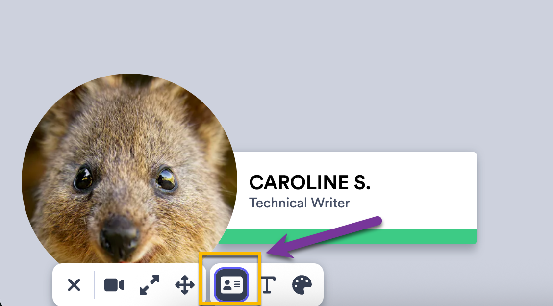 Name tag button highlighted and name tag with name and job title visible