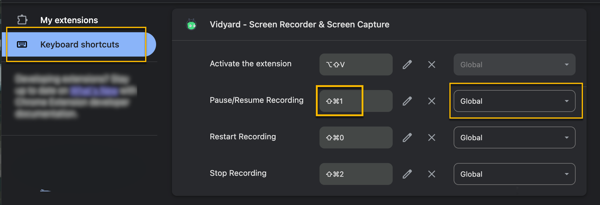 Extension settings page on Chrome showing current keyboard shortcut setup