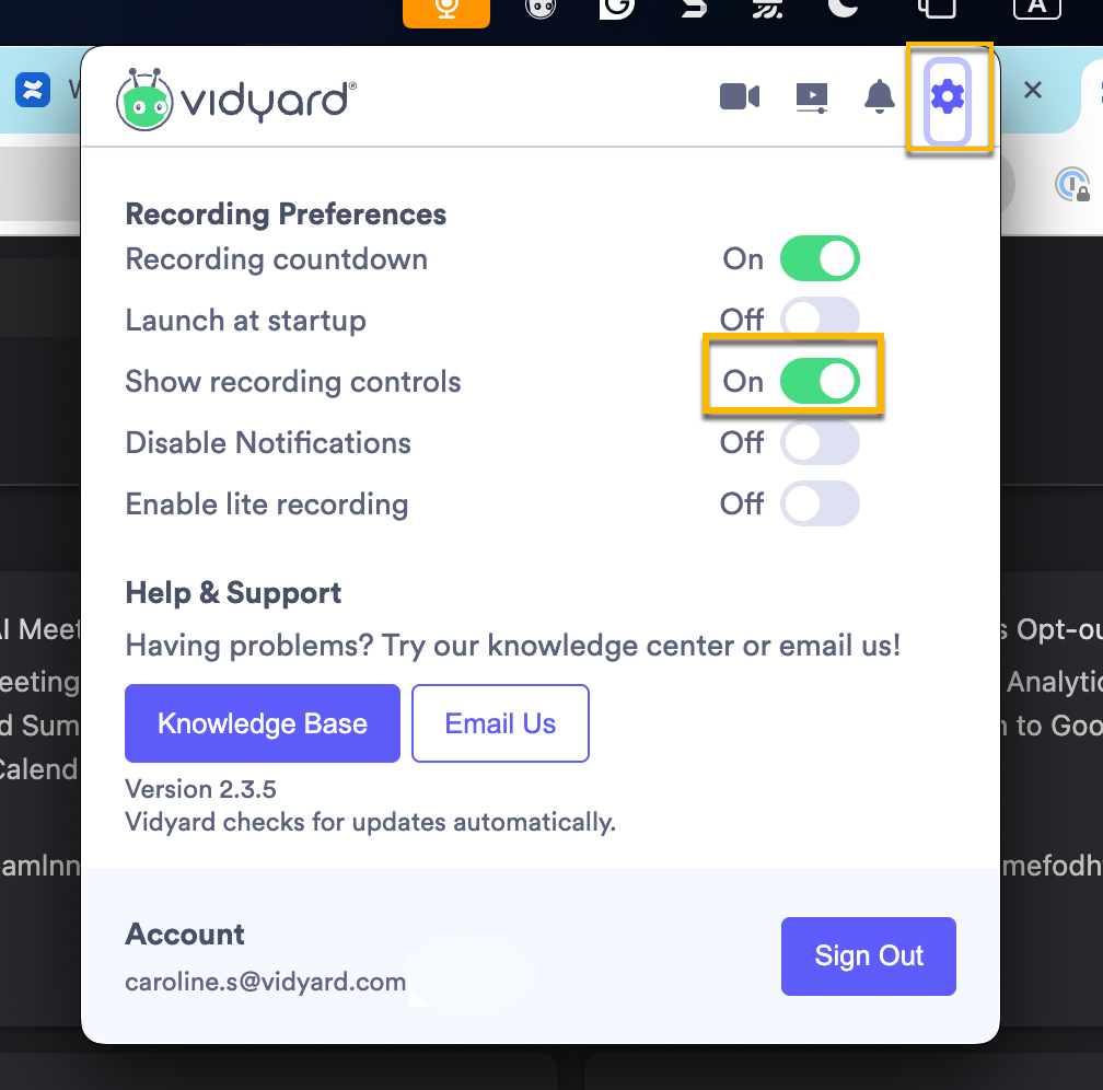 Turning off Show recoridng controls in your desktop app preferences