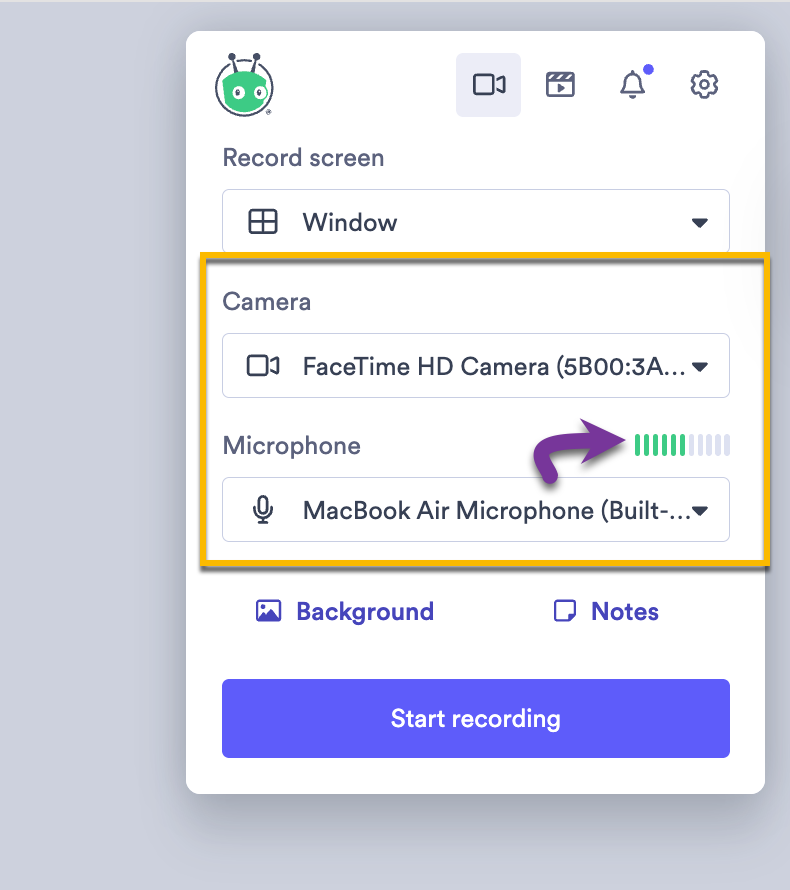 Vidyard browser extension main page with microphone selected from input dropdown menu