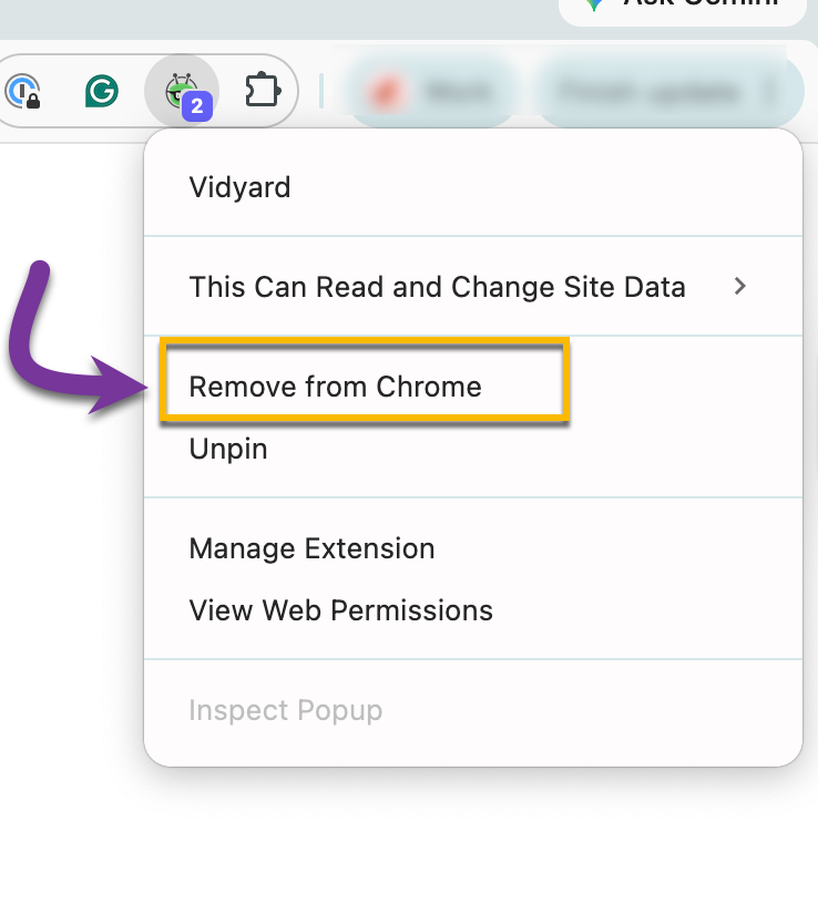 Extension menu open with remove from chrome option selected