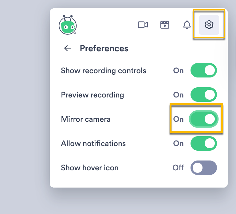 Mirror camera toggle on in Vidyard browser extension preferences