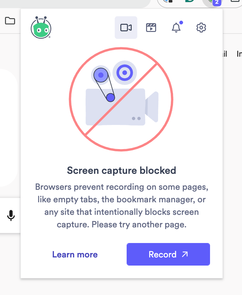 Message in the Vidyard extension indicating that recording is blocked on application-based pages in browsers