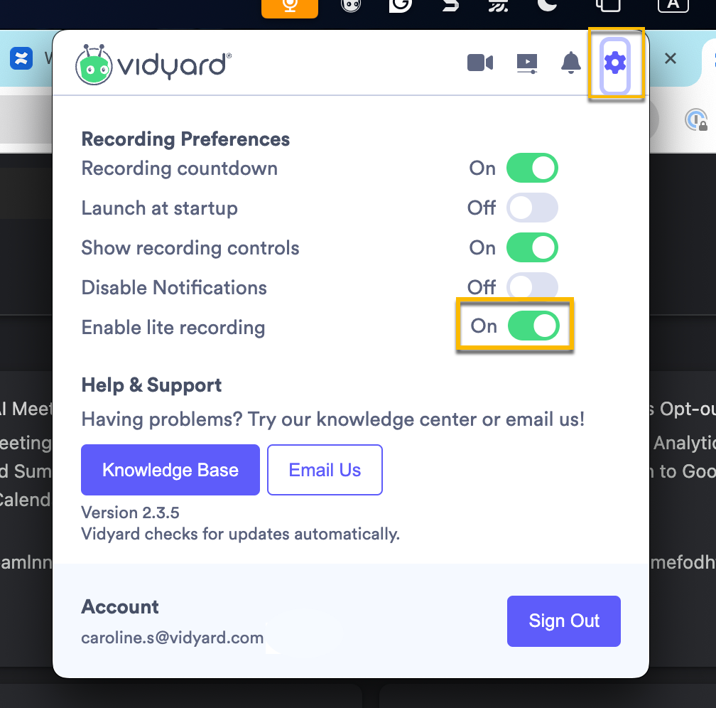 Vidyard desktop app settings with lite recording toggle enabled