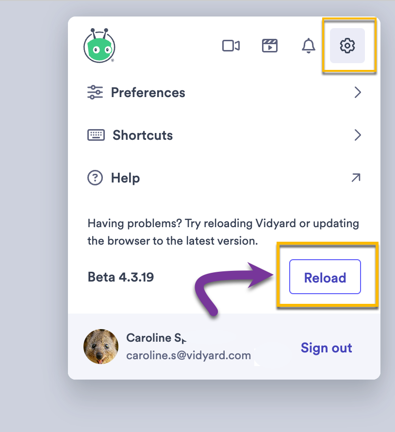 Extension settings open with button to reload extension highlighted