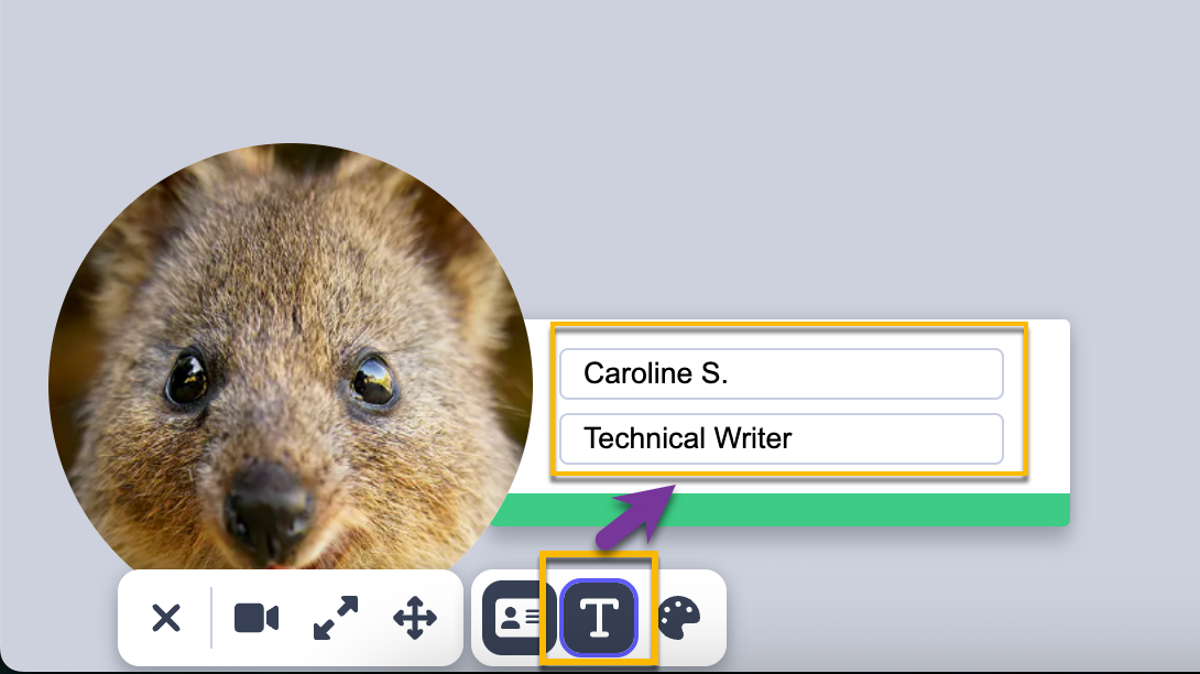 Vidyard name tag with edit text button selected, name and position able to be changed when typed