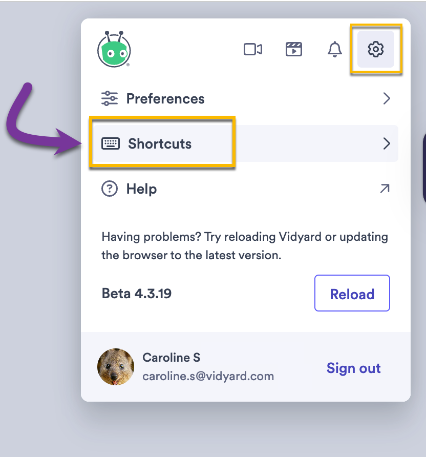 Vidyard extension settings open with keyboard shortcuts option selected
