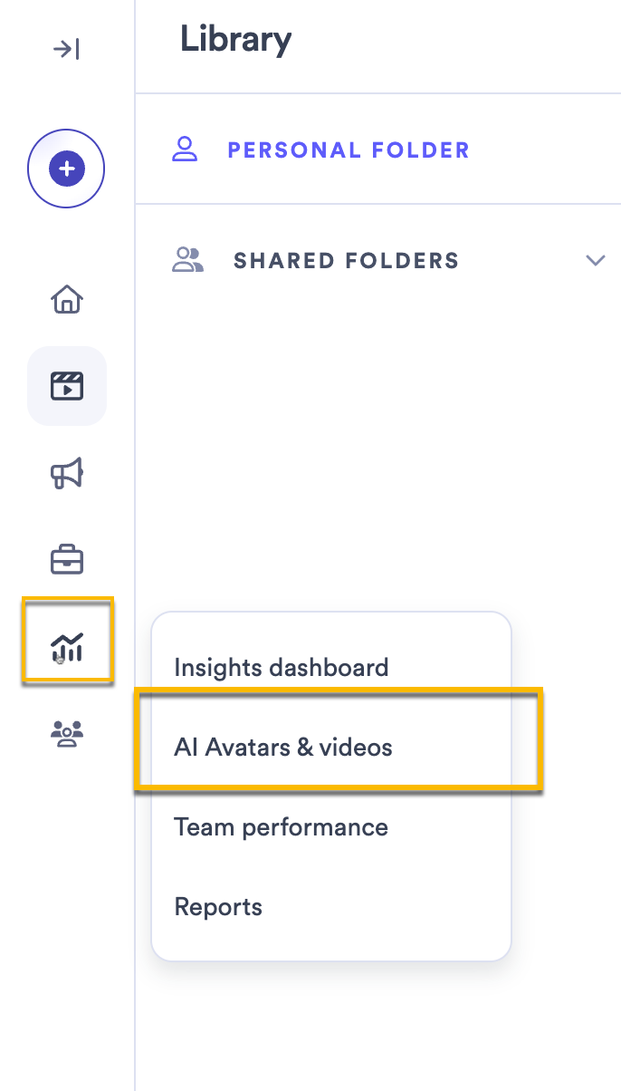 Vidyard main menu open with Insights option expanded and AI avatars and videos selected